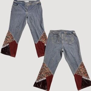 Faded Glory Womens Patchwork Jeans 44x32 Boho Flare Velvet Paisley Festival‎ Y2K